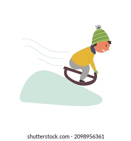 Boy sledding hand drawn naive art