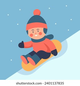 Boy sleds down a snowy hill. Winter sports for children. Happy New Year 2024. Happy holidays. Flat vector illustration in cartoon style.
