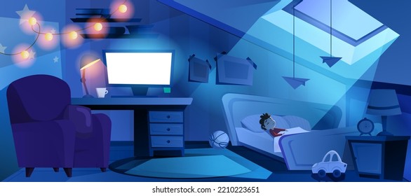 Boy Sleep In Bed At Night Room. Cartoom Dark Bedroom Interior On Attic With Furniture, Toys, Glowing Computer Screen, Garland And Lamp. Sleeping Child Character Under Moonlight From Window In Roof.