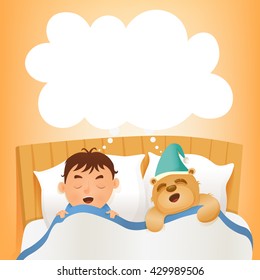 Boy sleep in bed with teddy bear. Early morning. Vector illustration