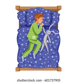 Boy sleep bedtime in his bedroom bed with toy bunny. Cartoon sleeping baby. Good night time. Bedtime. Vector Illustration