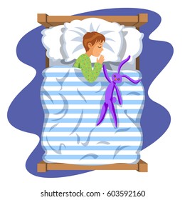 El chico duerme en la cama de su dormitorio con conejito de juguete. Caricatura durmiendo bebé. Buenas noches. Hora de la cama. Ilustración vectorial