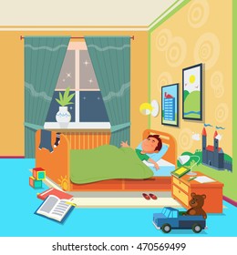 Boy sleep in children room. Bedroom interior. Cartoon flat colorful vector illustration.