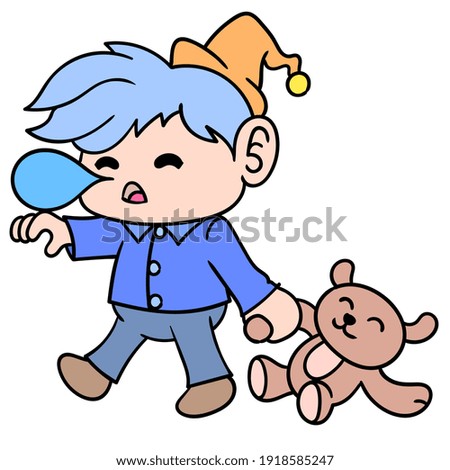 boy sleep delirious walking carrying a teddy bear, doodle draw kawaii. vector illustration art