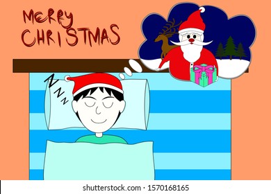 Boy sleep and dream to get gift from Santa Claus.