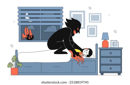 Niño con parálisis del sueño. El joven se despertó y no podía moverse en su cama. Sentimientos y movimientos negativos, trastornos mentales y psicológicos. Ilustración vectorial lineal aislada sobre fondo blanco
