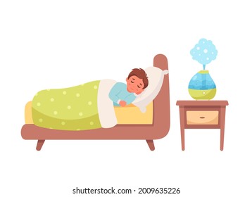 Niño durmiendo con humidificador de aire en la habitación. Aparato ecológico para el hogar. Dormir sano. Ilustración del vector