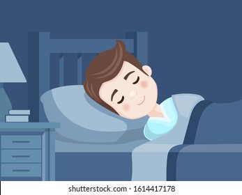 Boy sleeping in bed. Bedroom at night. Sweet dreams. Vector illustration
