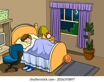 Boy sleeping in bed. Bedroom with a window at night. Sweet dreams. Vector illustration