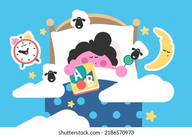 Boy Sleeping In Bed And Dreaming Vector Illustration. Kid Get Rest At Night With Toys Flat Style. Goodnight, Sweet Dreams, Childhood Concept