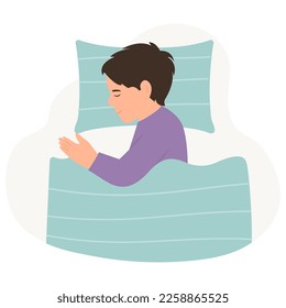 The boy sleeping in bed. A kid lying on a pillow and covered with a blanket.Vector illustration