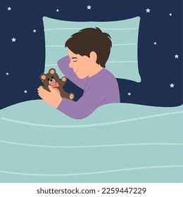 The boy sleeping in bed. A kid lying on a pillow and covered with a blanket.Vector illustration