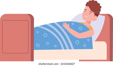 Boy sleeping in bed. Resting child. Night dream kid isolated on white background