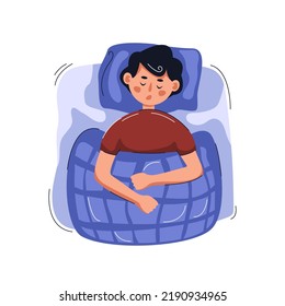 Boy sleeping in the bed. Sleep apnea, snoring, health sleep concept. Vector flat illustration.