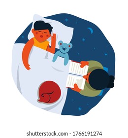 Boy sleeping in bed with a teddy bear toy and mother or granny reading a book by the bed. Children care concept. Flat vector illustration, clip art. Template design for poster, card, web, etc.