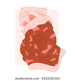 Niño durmiendo en la cama, arriba. Un niño pequeño y adorable dormido sobre una almohada rosa cómoda para descansar y dormir a la hora de acostarse, un niño feliz dormido bajo una manta a la hora de la siesta ilustración vectorial