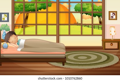 Boy sleeping in bedroom illustration