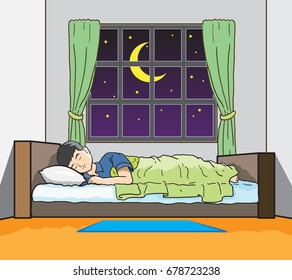Boy is sleeping in the bedroom at night.