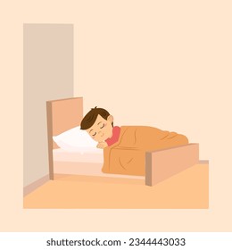 boy sleeping, bedtime, pink background, bedroom, flat design, vector illustration