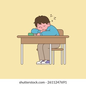 The boy is sleeping with a book open at the desk. Illustration vector with minimal design.