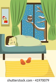 Boy is Sleeping Christmas Night. Vector Illustration.