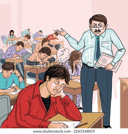 Boy sleeping in a classroom, Professor or a teacher looking with regret at a sleeping teen student sitting.