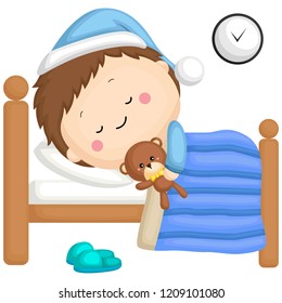 a boy sleeping in his bed with his teddy bear