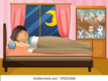 Boy sleeping in his bedroom illustration