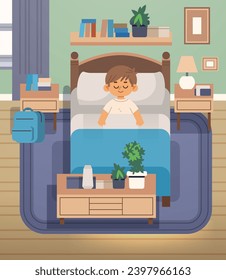 Boy sleeping in his bedroom. Top view interior flat vector illustration