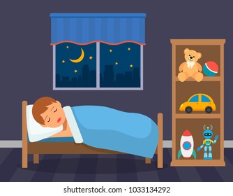 A boy is sleeping in his children's room with toys. vector illustration isolated illustration