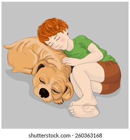 a boy, sleeping with his head on a dog's back