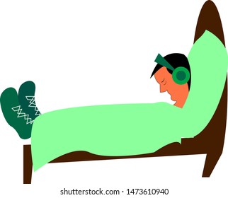 A boy sleeping with his shoes and headphones, vector, color drawing or illustration.