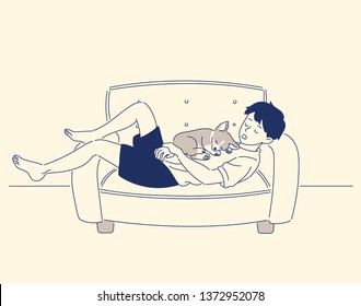 The boy is sleeping lying on the sofa with a cute puppy on his belly. hand drawn style vector design illustrations. 