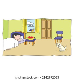The boy is sleeping. Make a sentence with some objects next to him.