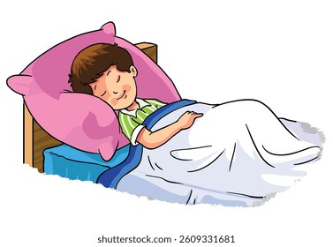 A boy sleeping on the bed isolated on a white background