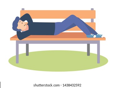 Boy sleeping on bench outside in park. Tired man relaxing on nature napping on seat outdoor. Healthy daytime sleep. Outdoor activity leisure in spring or summer. Flat cartoon vector illustration