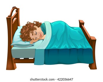 El chico está durmiendo en su cama. Dibujo de dibujos animados.