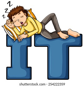 Un niño durmiendo sobre las letras de las tecnologías de la información en un fondo blanco