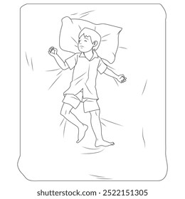 A boy sleeping on a mattress seen from top view. Illustration in outline and vector format.