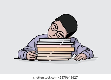 Boy sleeping on a pile of school books. Flat image
