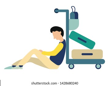 Boy sleeping sitting on floor near luggage cart. Man napping in airport waiting flight. Travel alone. Flight delayed or canceled. Troubles during vacation. Flat cartoon vector illustration