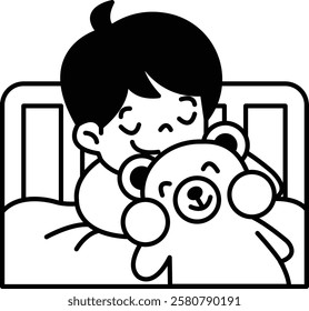 A boy is sleeping with a teddy bear. The boy is smiling and the teddy bear is smiling as well. Concept of warmth and comfort, as the boy is snuggled up with his favorite toy