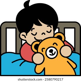 A boy is sleeping with a teddy bear. The boy is smiling and the teddy bear is smiling as well