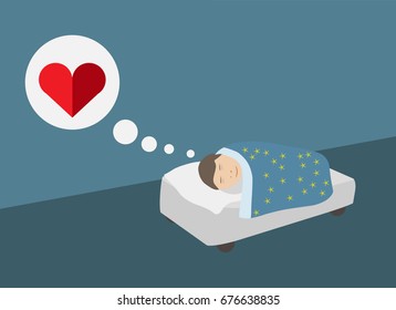The boy is sleeping and thinking about love. Vector illustration. Night, Dark room. Bedroom. 