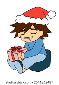 A boy sleeping while holding a present at Christmas