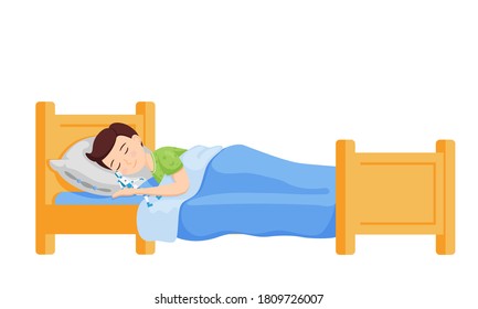 Un niño duerme en la cama con los brazos alrededor de un juguete robot. Caricatura bonita, bonita. El niño sonríe mientras duerme. Descanso nocturno. Ilustración infantil de estilo plano aislada en un fondo blanco.