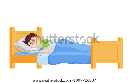 A boy sleeps in bed with his arms around a robot toy. Cartoon nice, cute character. The child smiles in his sleep. Night rest. Children's illustration in a flat style isolated on a white background.