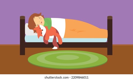 The boy sleeps in bed together with a soft toy fox, illustrations, vector
