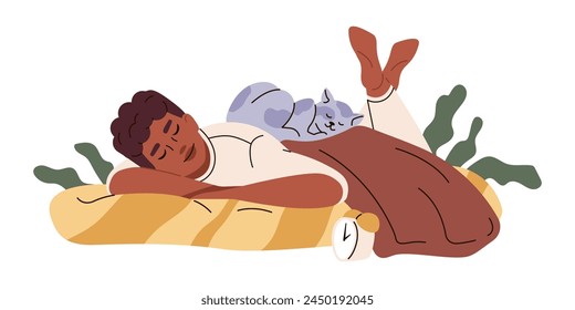 Boy sleeps with cat together. Normal life with a pet. Vector flat illustration.
