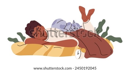 Boy sleeps with cat together. Normal life with a pet. Vector flat illustration.